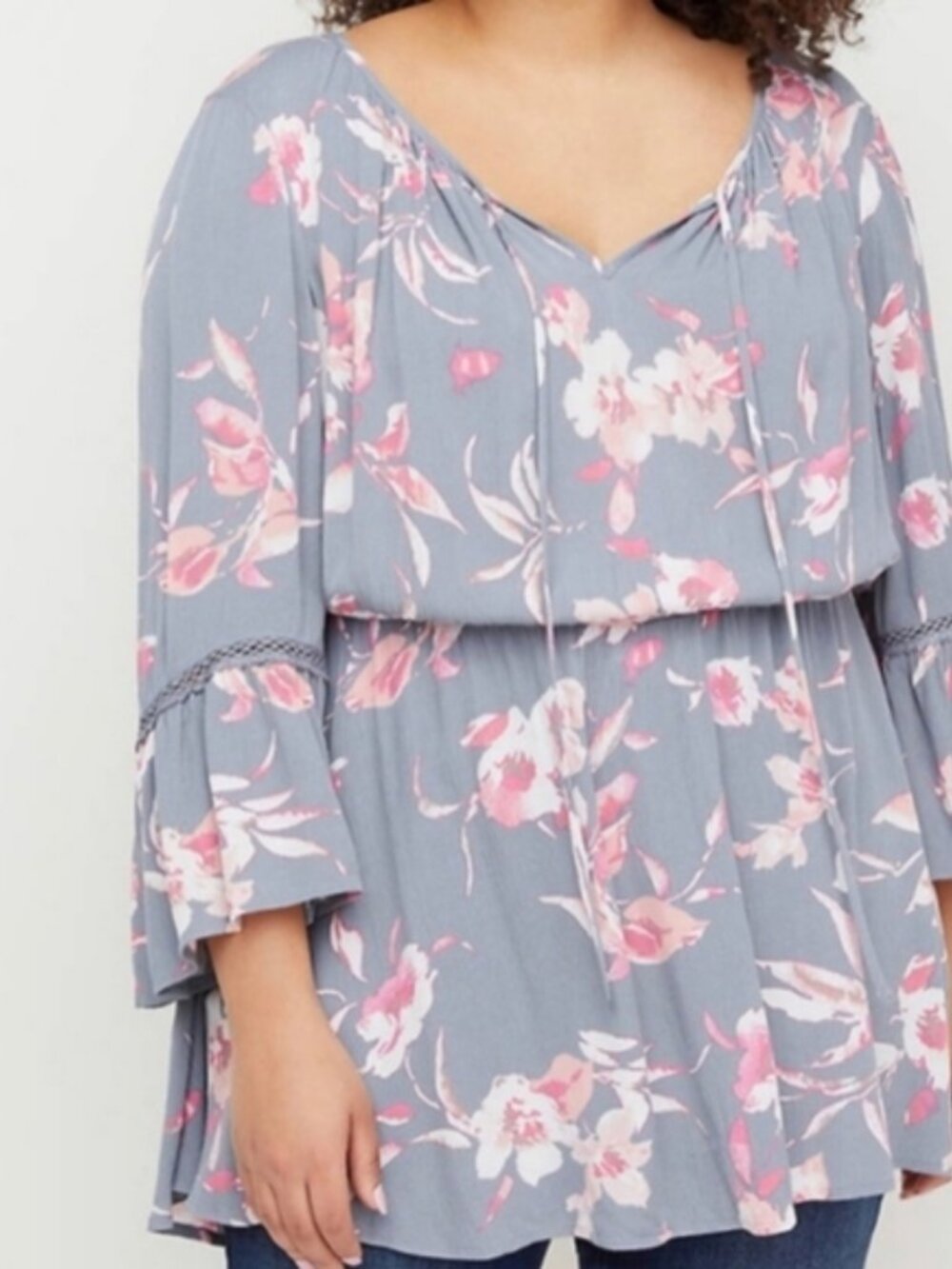 Lane Bryant Gray and Pink Floral Bell Sleeve Peasant Blouse in Size 18/20